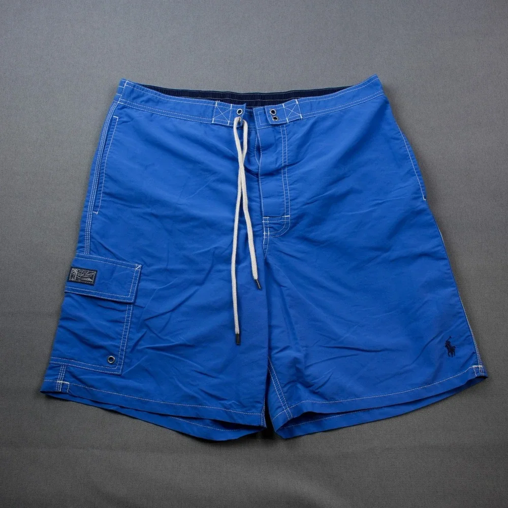 Polo Ralph Lauren Men L Blue Cargo Swim Pool Trunks Board Short Pony Nylon Lined